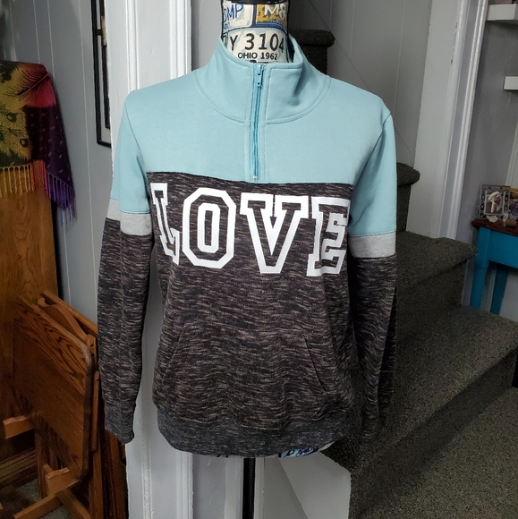 flirtitude Tops - TEAL, WHITE, & BLACK & BROWN BLENDED PULLOVER "LOVE" 1/4 ZIP PULLOVER SWEATSHIRT